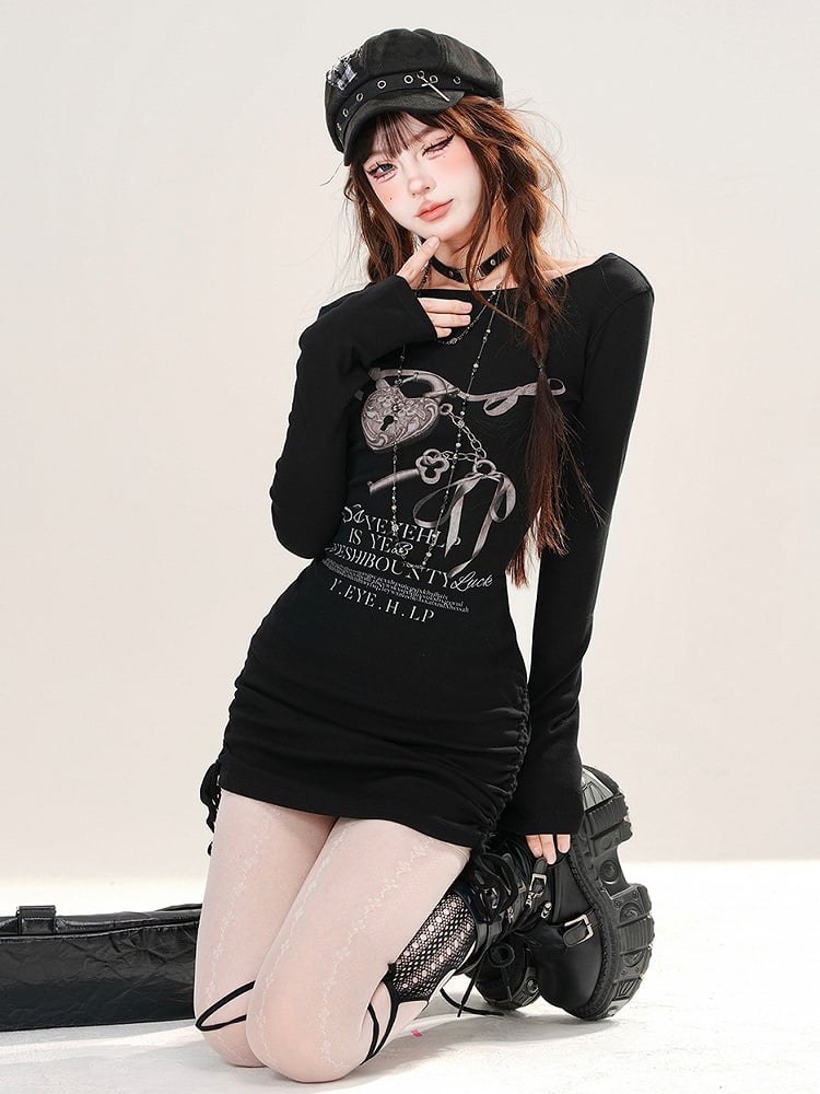 Black Print Lock Heart Dress Drawstring Mini Skirt