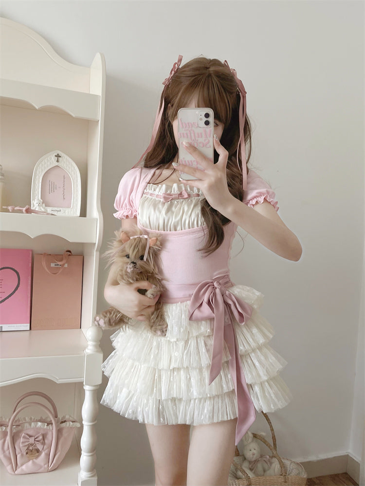 Beige Tulle Balletcore Self-tie Tiered Skirt Bow with
