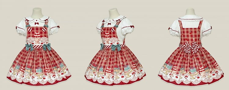 Süßes Lolita-Overallkleid in Kirsch- und Dessertrot