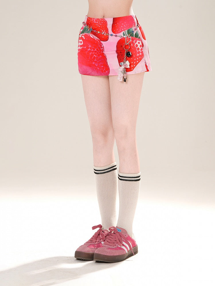 Print Pink Low Waist Sweet Strawberry Mini Bodycon Skirt