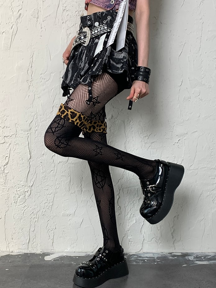 Black Cuffs Over-knee Pattern Y2K Stockings Semi-sheer Leopard