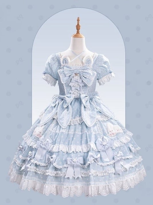 Dots Blue Neckline Gorgeous Bunny Pattern Square Dress Sweet Polka Plush Ears Version Lolita