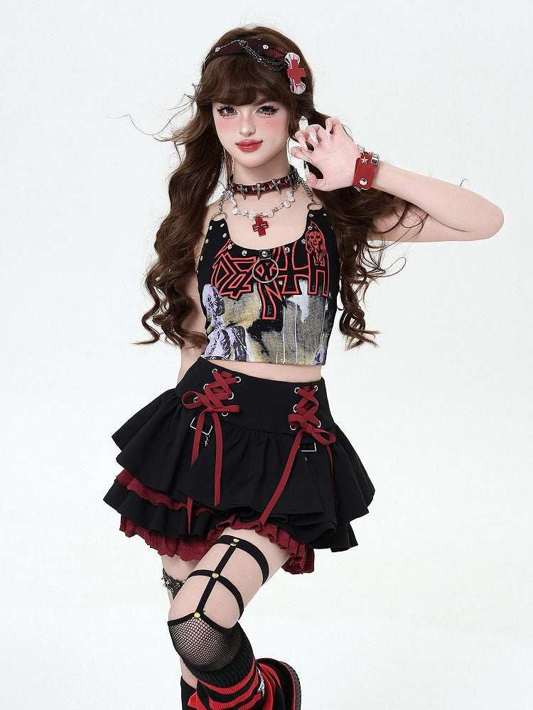 and at Red Black Lace-up Tiered Punk Y2K Waist Details Rock Skirt