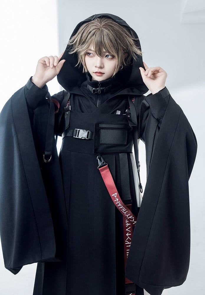 Buckle Hooded Lolita Techwear Ouji Strappy Jacket Black