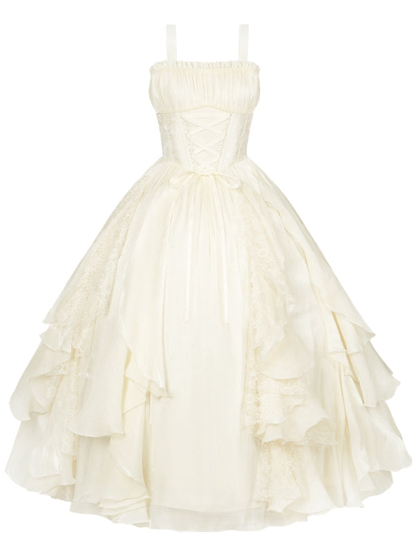 Version entbeint Rüschen Lolita Beige Kleid Rock Taille Basken lange Kaskadierung