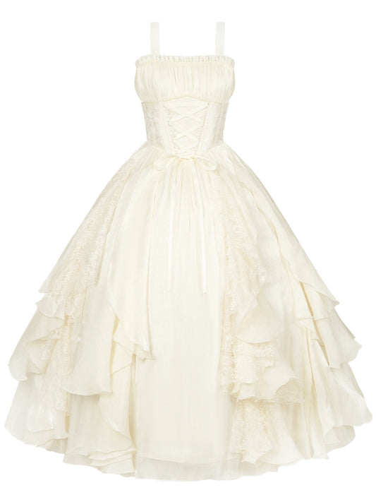 Version Boned Ruffle Lolita Beige Dress Skirt Waist Basque Long Cascading