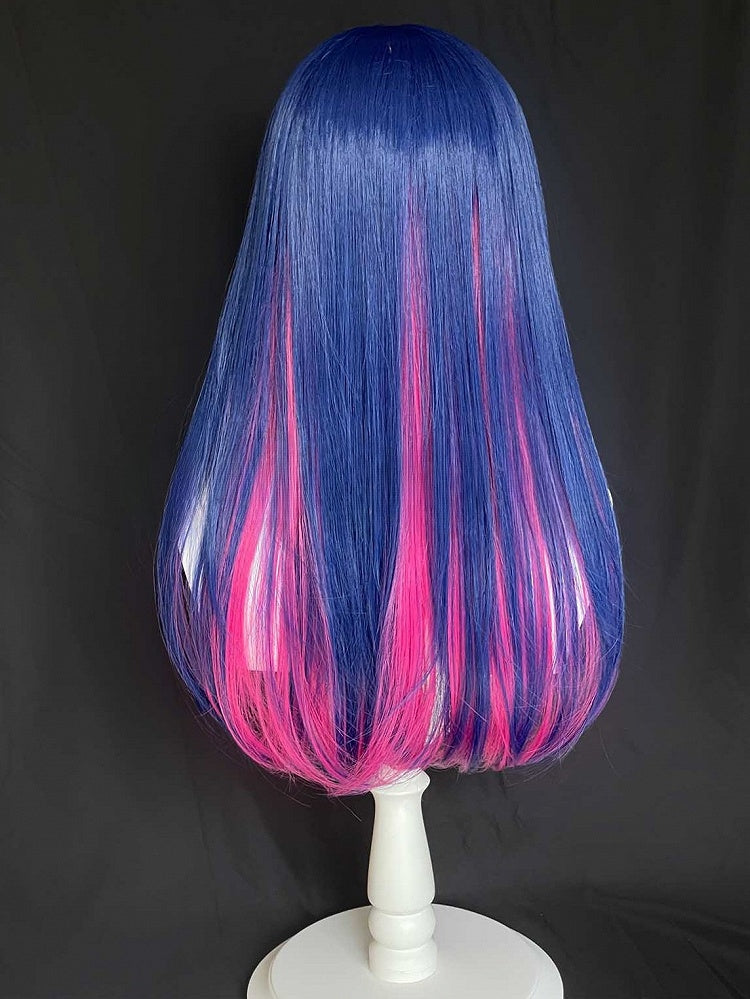 And Length Bangs Pink Highlight With Wig 70CM Blue Straight