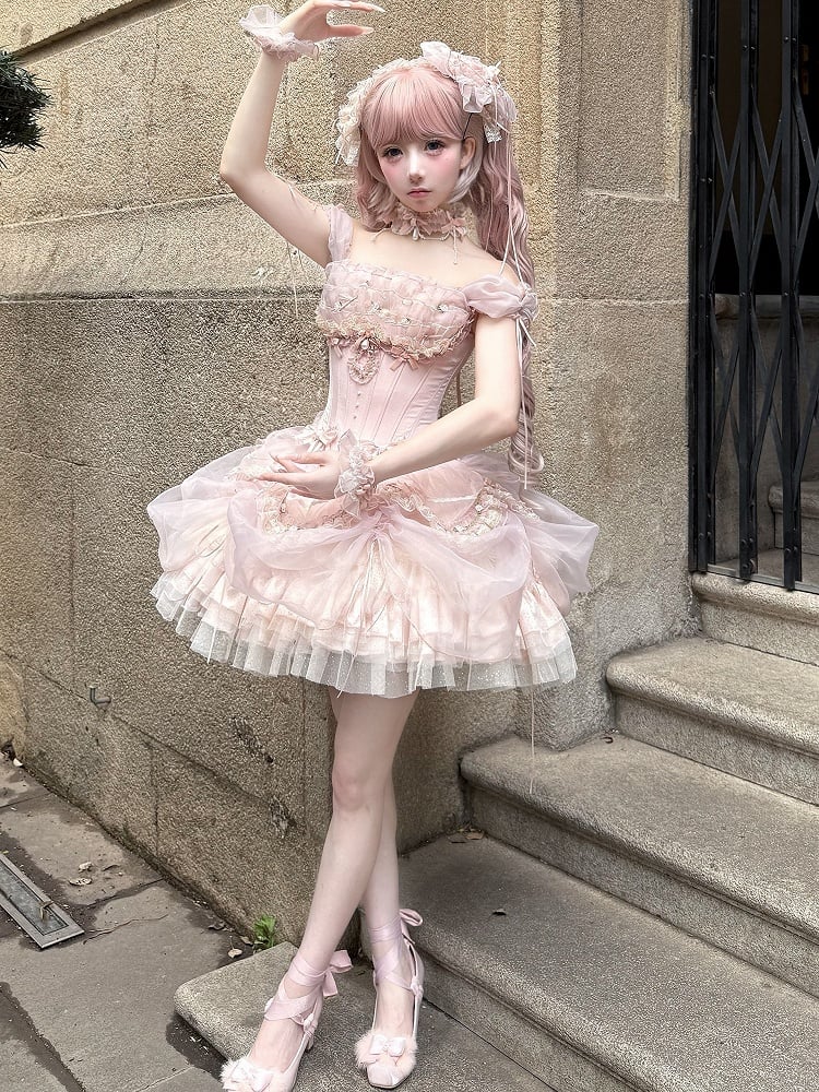 Sleeves Layered Outfit Top Corset Balletcore Ruffle Pink Boned Puff Princess Lolita + Skirt