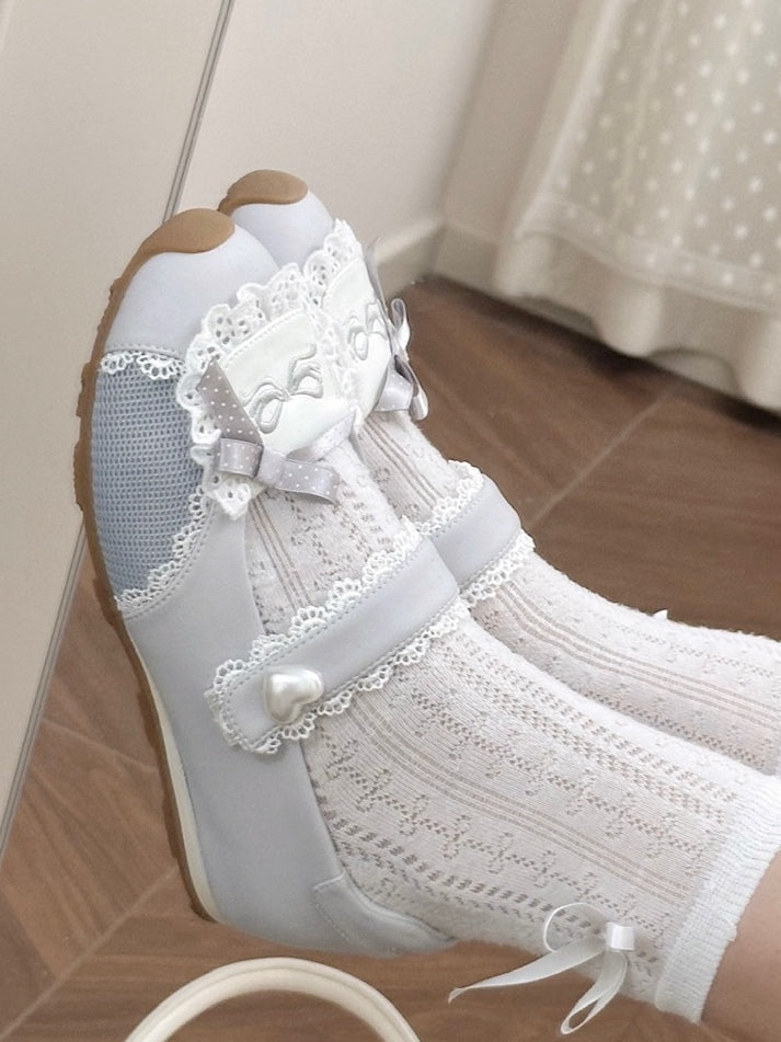 Sneakers Flat with Sweet Bow Lace Edging Gray Decorative Lolita - Velcro Fastening Style