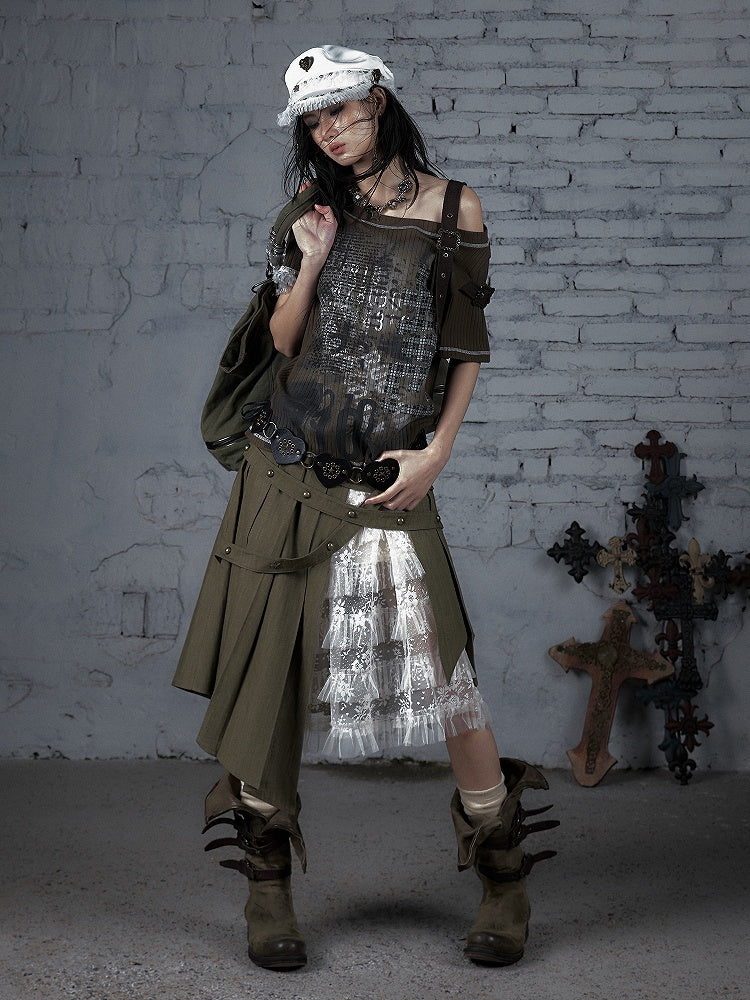 Green Military Steampunk Newspaper Straps Buckle Print Knit with T-shirt