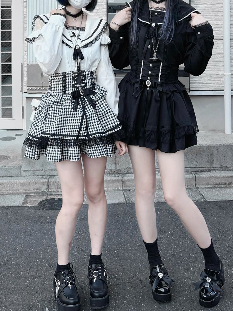 Pendant Trim Blouse Lace with Jirai Kei Black/White Sailor Collar Cutout Choker Shoulder Heart