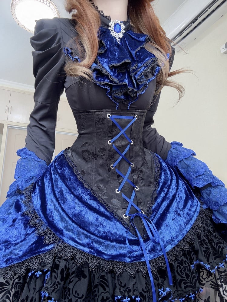 Boned Lolita Waist Tie Shirt Skirt Set Hat Black Gothic Jabot Long Sleeves High + - and Mini Blue Bell Klein Full