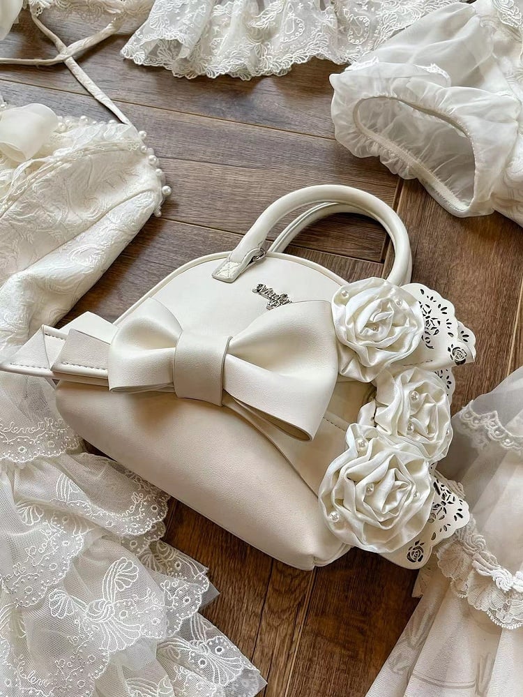 Big Creamy Bowknot Shell White Roses Bag