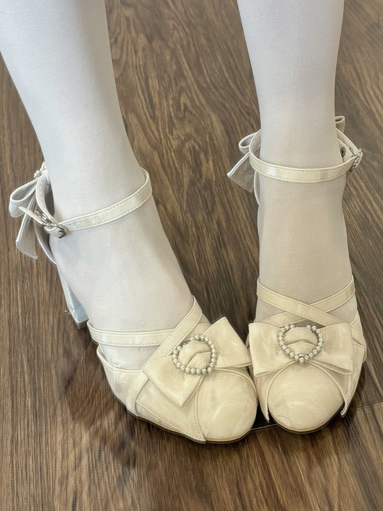 Style in with PU Bows Heels Beige Heart Lolita Leather Block High Beaded