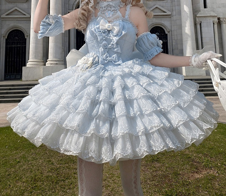Prinzessin Neck Saum Rüschen Neckholder Balletcore Lolita Lagenkleid Blau mit