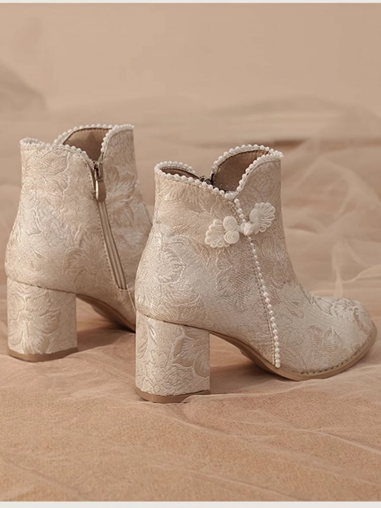 Qi Embellishments Normale/Verdickte Version Stiefel Frosch Lolita Akzent Beige Knopf Satin Perlen Blumenmuster -