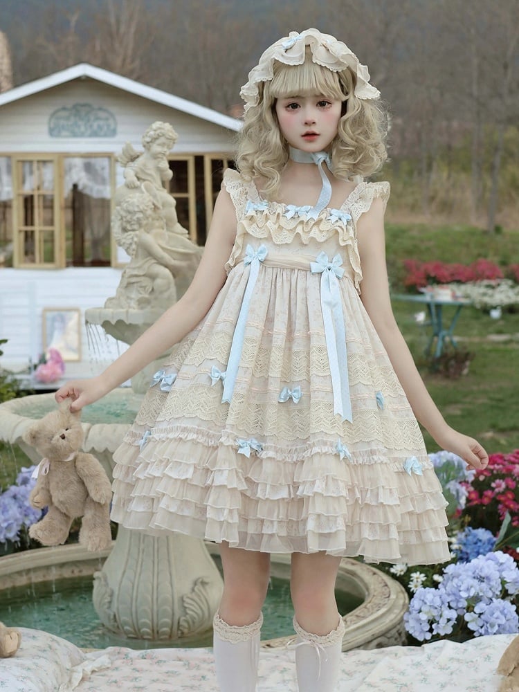 with Layered Dress Blue Accents Sweet Lolita Bow and Ruffles Sleeves Apricot Flutter