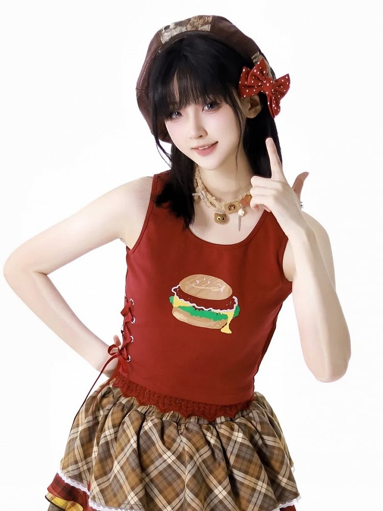 Detail Trim White/Red Burger Print Lace Tank Top with Lace-up