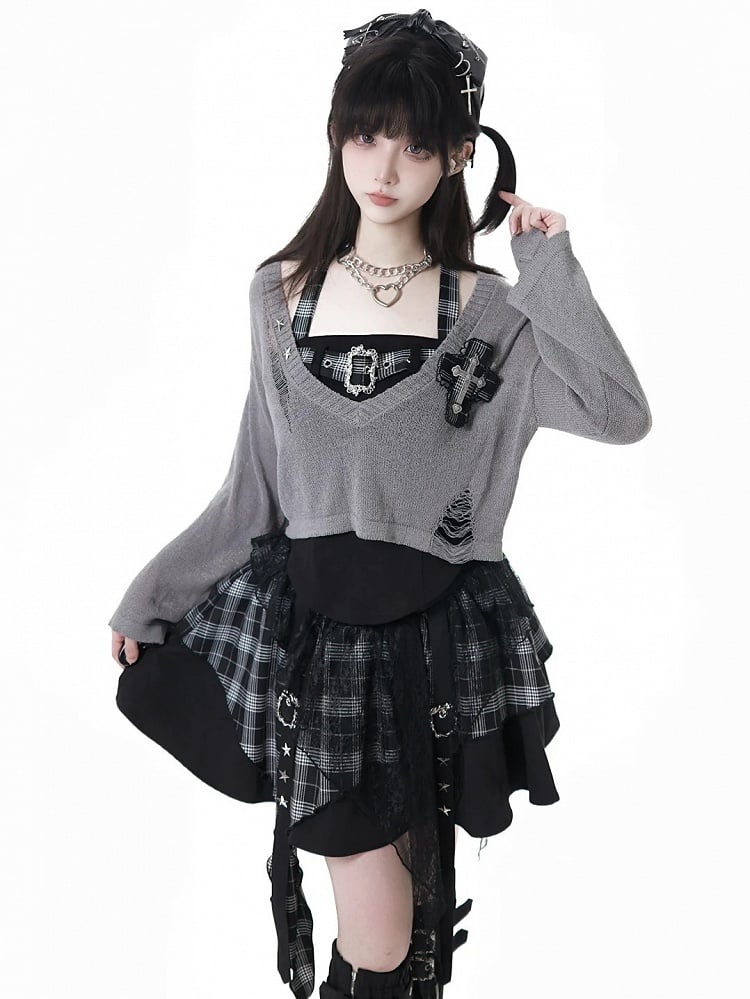 Plaid Adjustable Idol with Red/Black Top Black Panel Cami Y2K - Buckle Self-Tie Halter