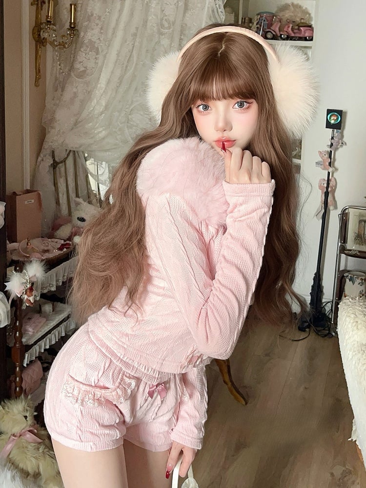 Hoodie Cardigan With Fur Knit Bow Pink Collar Faux
