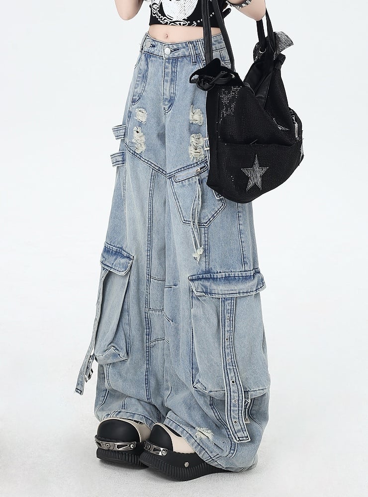 Rise Distressed Holes Jeans Low Blue Wide-leg Cargo