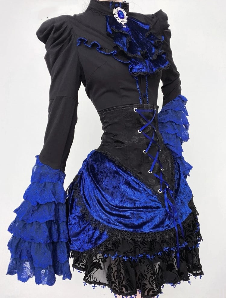 Boned Lolita Waist Tie Shirt Skirt Set Hat Black Gothic Jabot Long Sleeves High + - and Mini Blue Bell Klein Full