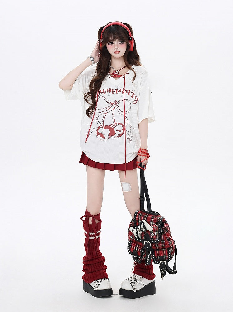 Print T-Shirt with V-Neck Lace-up Neckline Black/White Cherry Detail