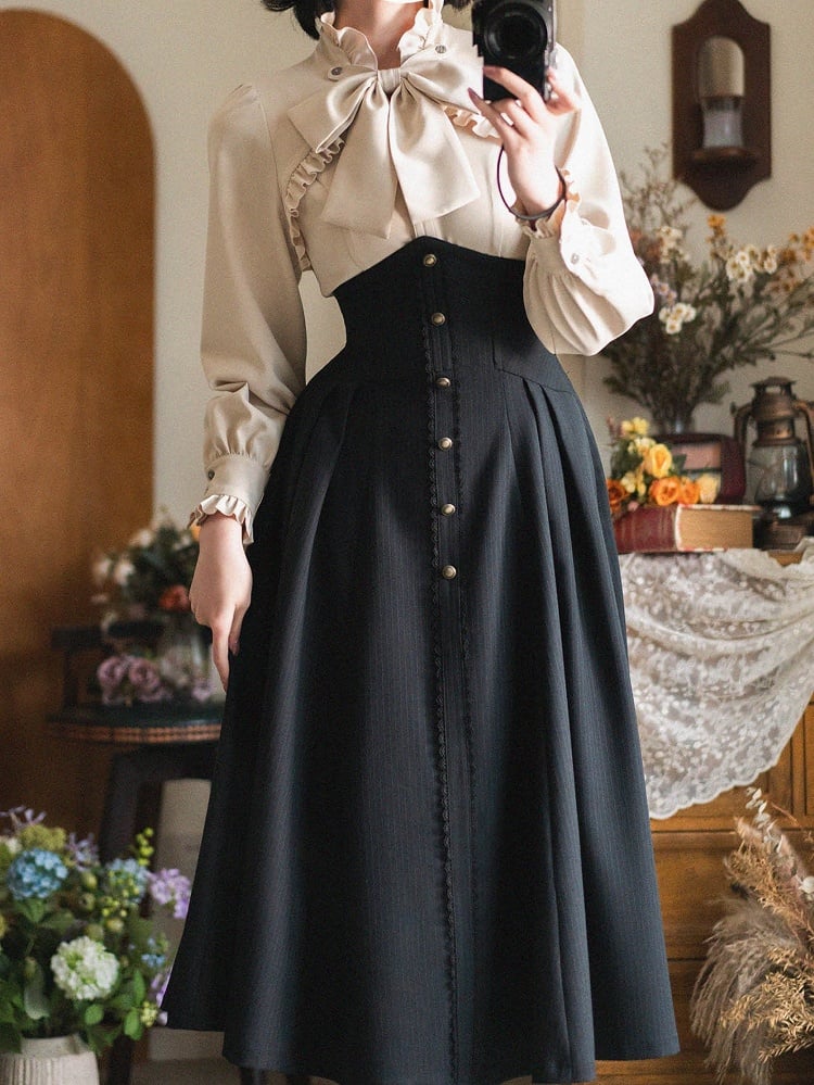 ブラックのエレガントなヴィンテージボーン入りハイウエストミディ丈ストライプ生地ロリータスカート