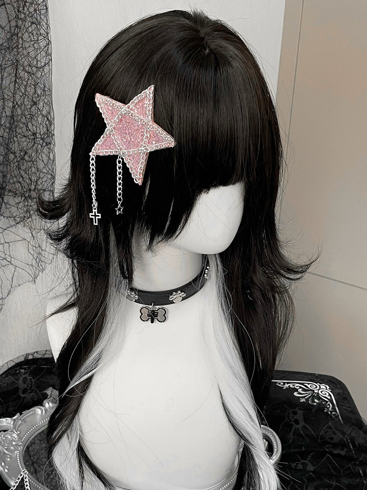 Rhinestone Black/Pink Cross Hairclip Charm Star