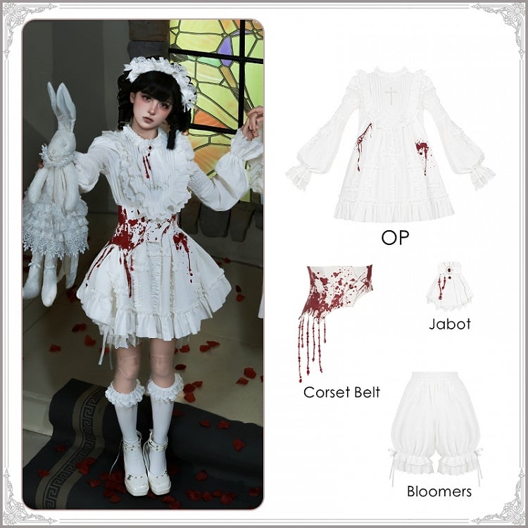 Short Corset Brooch OP Version Belt Gothic Set Bloomers White + Lolita Jabot - Asymmetrical