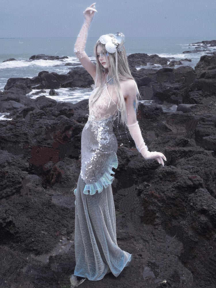 Sequins Mermaid Fairy Bodycon Dress Goth Shining Beaded Vacation Halter Neck