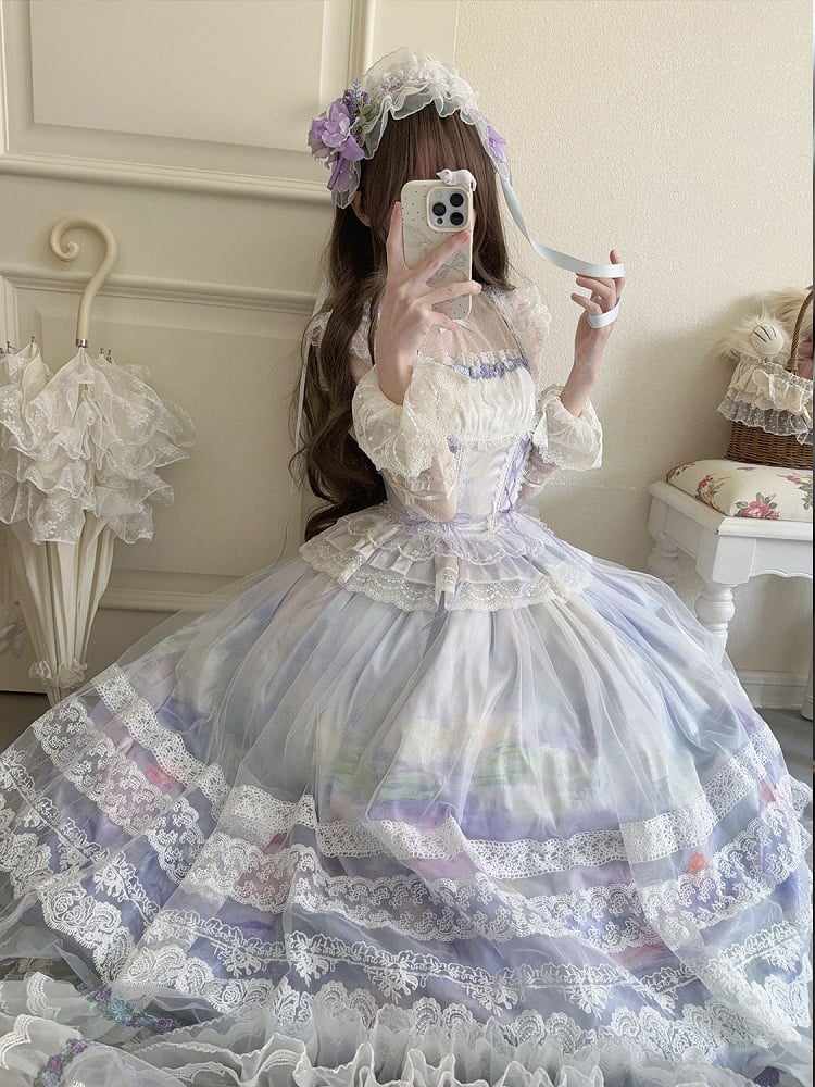 Print Lolita Oil Waist + Skirt Overlay Top Painting Boned Light Classic Purple Basque