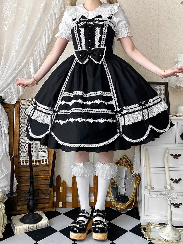 Trimmen Sie alten schwarzen Pullover Saum Schule Rand Kleid gewellten Rock Lolita