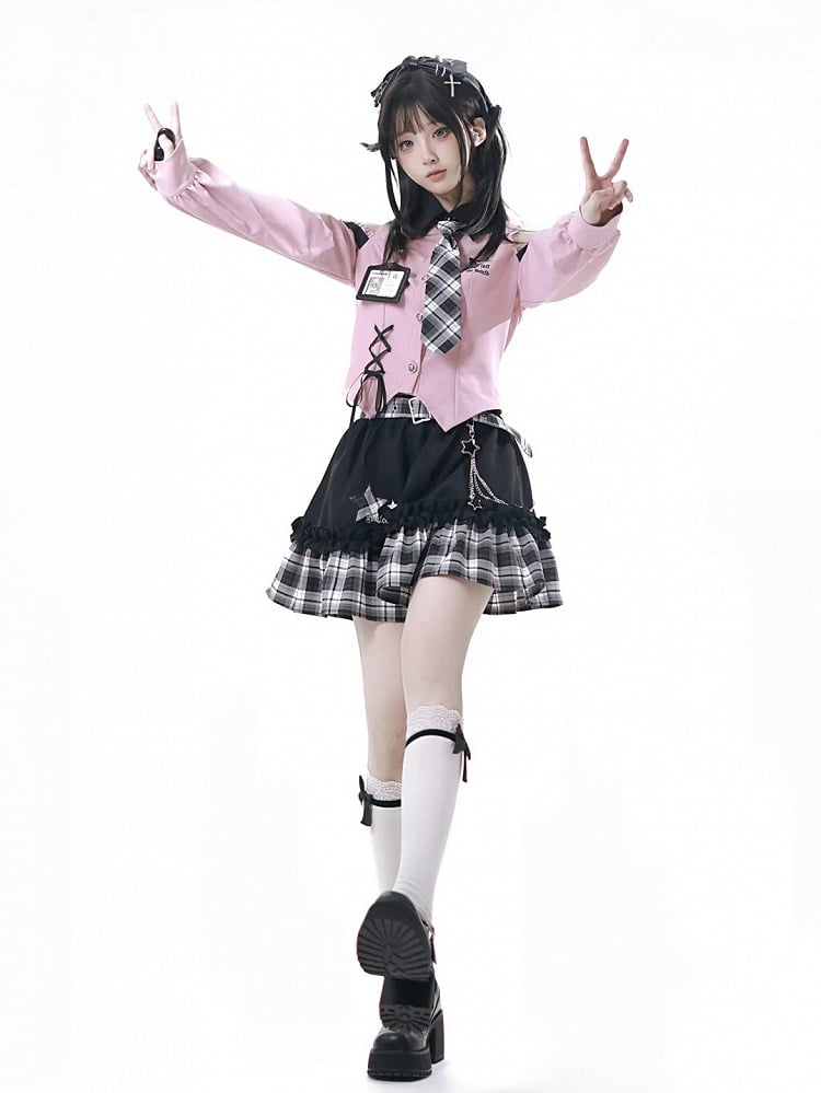 Chain Idol with Detachable Tiered Plaid Skirt Belt Black Waist Punk