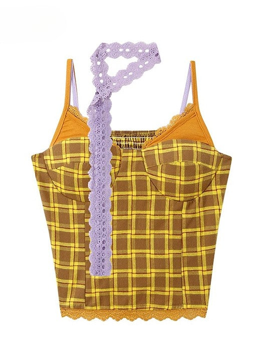 Scarf Cami Top Purple Plaid Y2K Yellow With