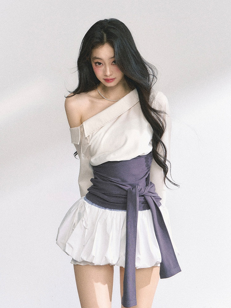 Beige Asymmetrical Neckline Shirt with Purple Corset Belt