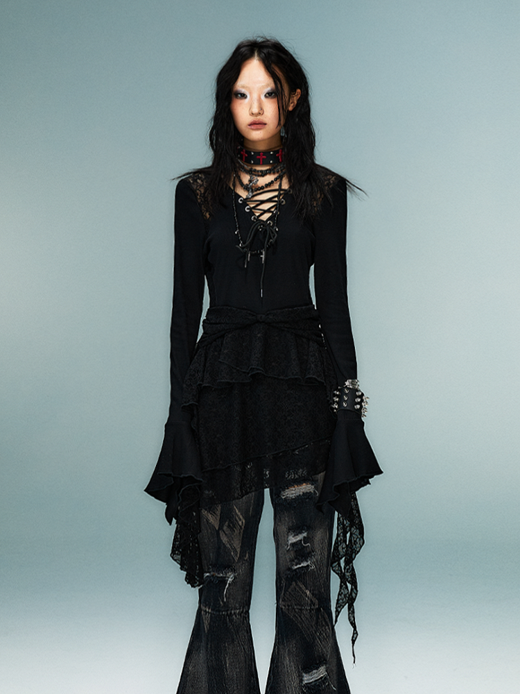 Knit Dress with Lace Accents Sleeve Hem Black Gothic Punk Bell Handkerchief