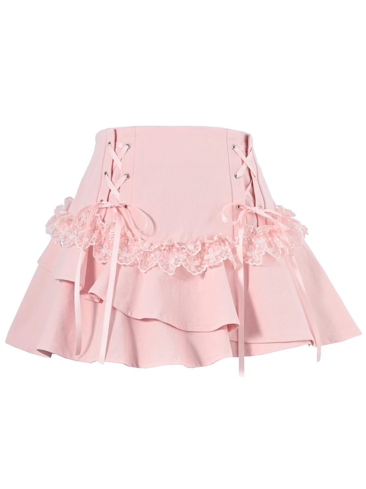 Tiered Skirt with Lace-up Details Pink Y2K Asymmetrical Kawaii Yume