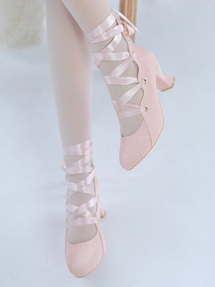 Design Lolita Shoes Pink Closure High-heel Toe Elegant Pointed with Lace-up