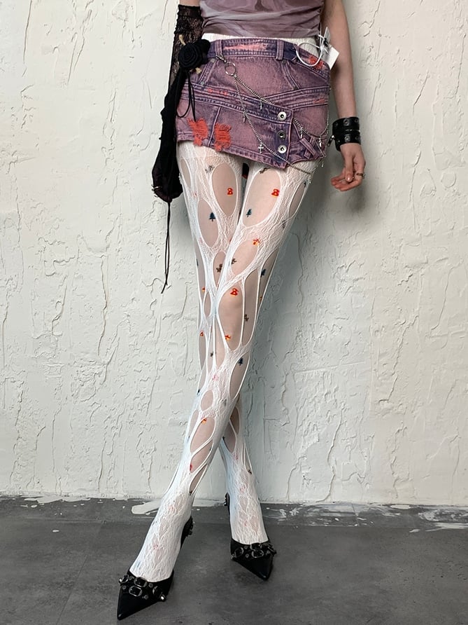 Print Design White Y2K Tights Christmas