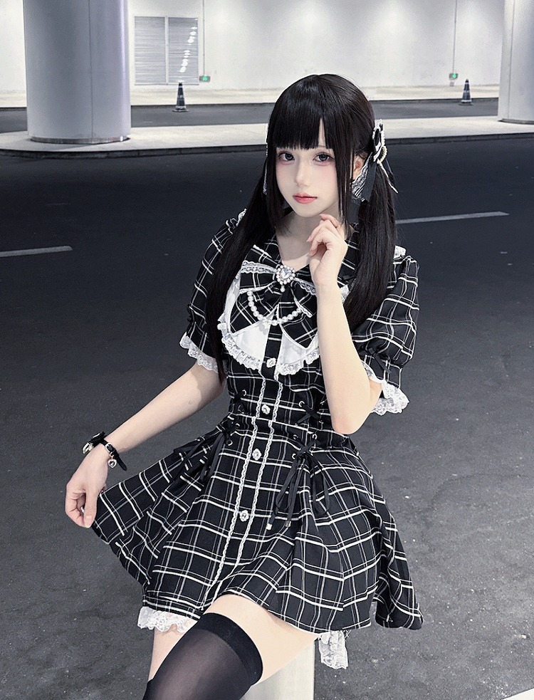 Mini Dress+Shorts Jirai Black Lace-up Plaid Set Embellished Details Kei Waist Rhinestones
