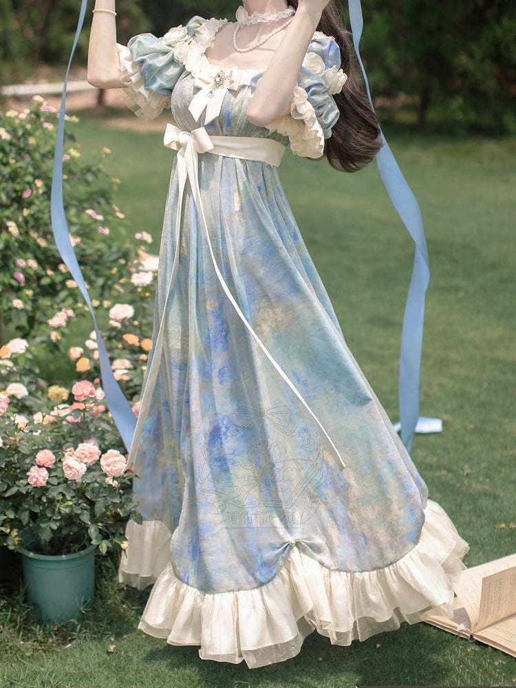 Piece Lolita Maxi One Dress Waist Elegant Classic Painting Blue Empire Oil Print