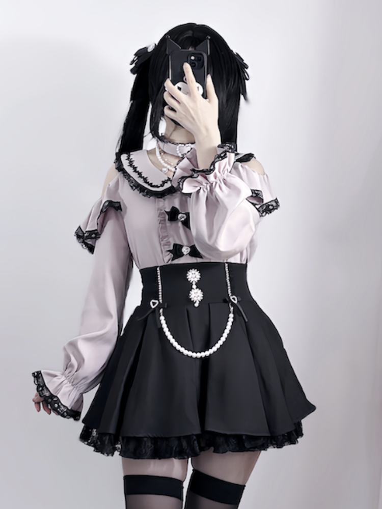 Detachable Design Choker Pink Trim Black Lace Jirai Kei Peter Pan Collar Cutout Shoulder Contrast Blouse with