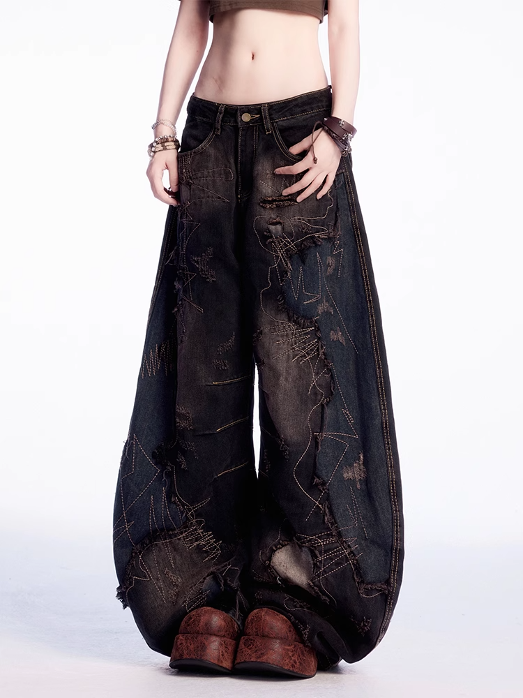 Raw Black Low Hem Rise Distressed Holes Wide-leg Jeans