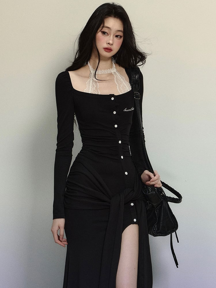Schwarzes Strickkleid aus Spitze mit Neckholder und selbstbindenden Trägern bis zum Oberschenkel