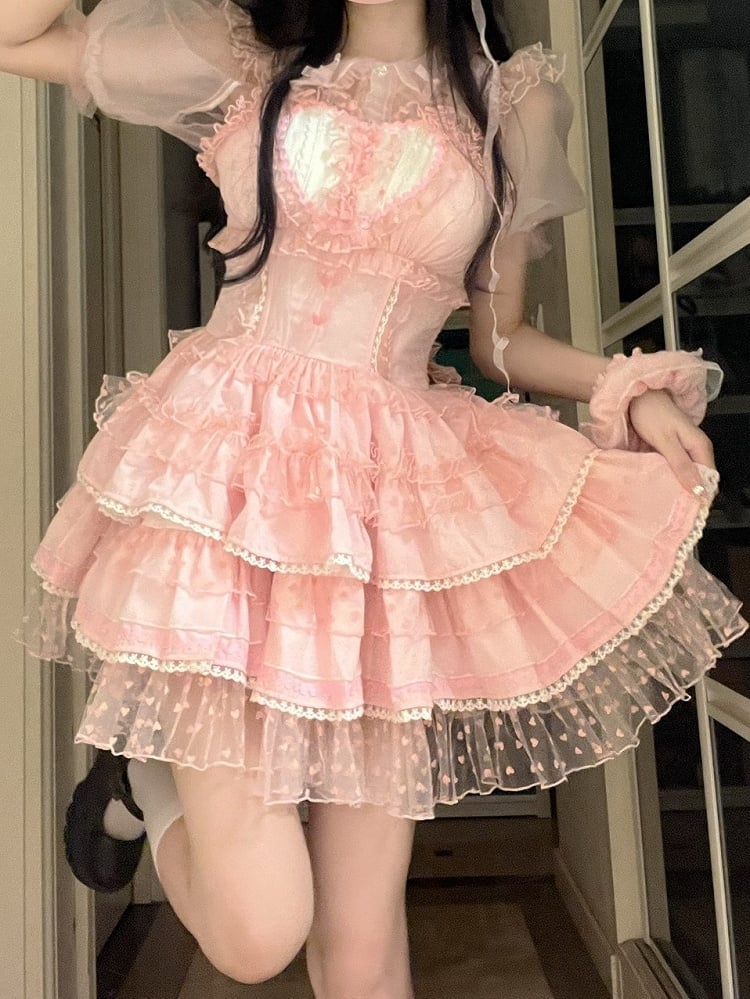 Pink Pattern Polka-dot Heart Sweet Ruffled Heart Front Lolita Dress
