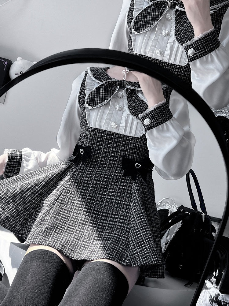 Bowknot Kei Plaid Details Jirai Black Outfit-Pleating Long + Top Shorts Sleeves Design
