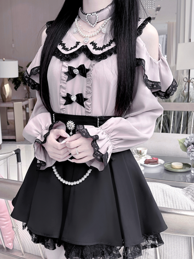 Detachable Design Choker Pink Trim Black Lace Jirai Kei Peter Pan Collar Cutout Shoulder Contrast Blouse with