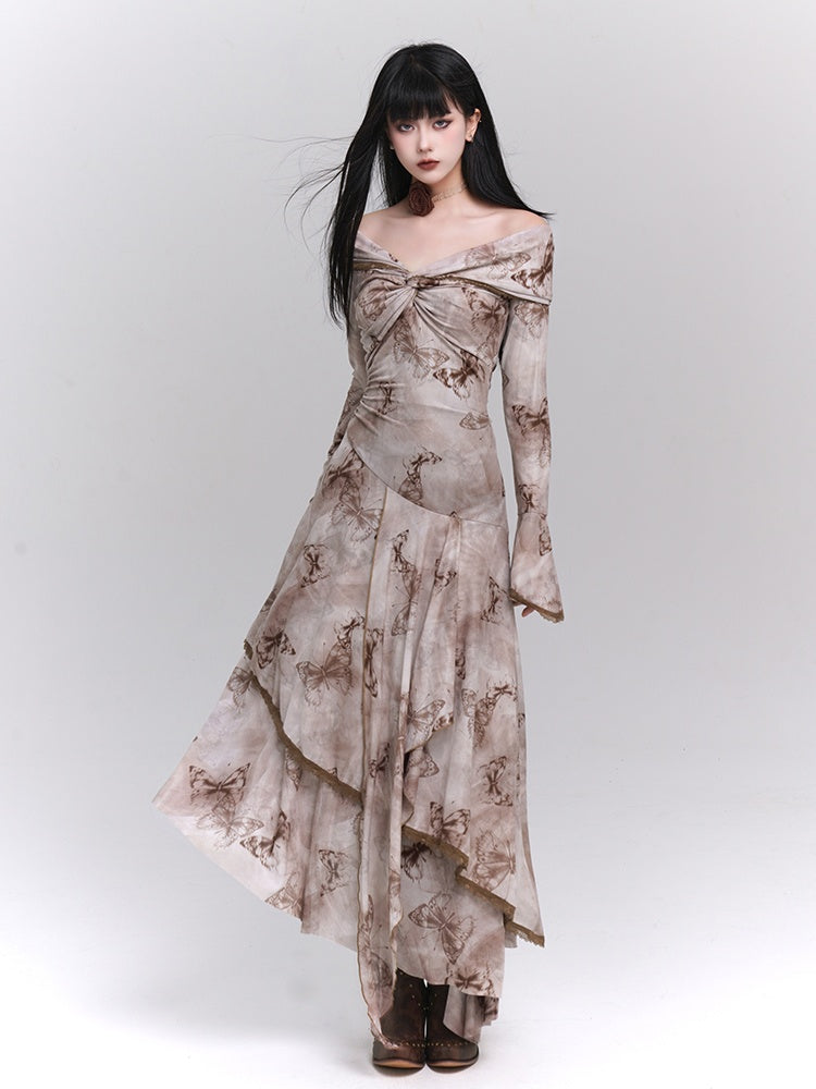 Purple/Dark Gray/Apricot Off-the-Shoulder Butterfly Print Twist Detail Dress