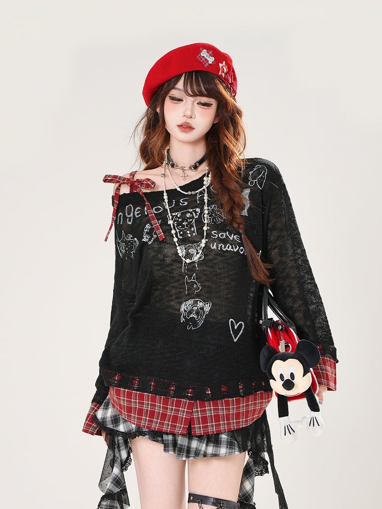 Asymmetrical Neckline Puppy Print Beige/Black Hem Plaid